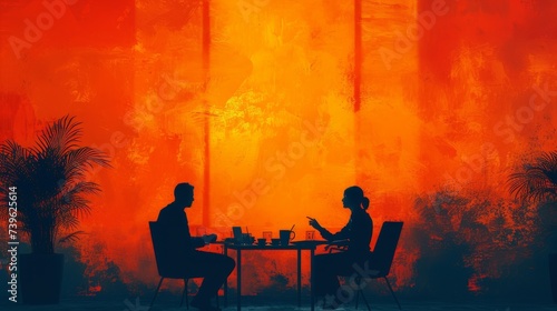 An illustration of a business meeting with the people in silhouette and shadow with bright colors in the background. 