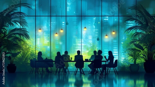 An illustration of a business meeting with the people in silhouette and shadow with bright colors in the background.  photo