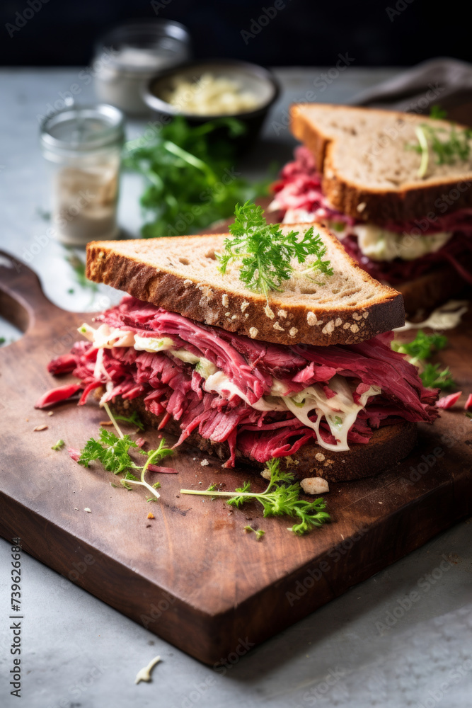 Fototapeta premium Reuben sandwich with sauerkraut and creamy sauce for lunch on white table