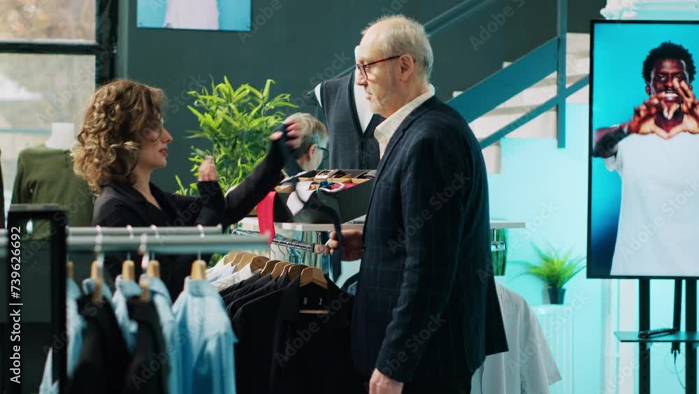 Woman retail clerk showing multiple tie colors to customer, helping him to match formal suit with the perfect accessories. Employee assisting senior client during shopping spree at mall. Camera A. Woman retail clerk showing multiple tie colors to customer, helping him to match formal suit with the perfect accessories. Employee assisting senior client during shopping spree at mall. Camera A.