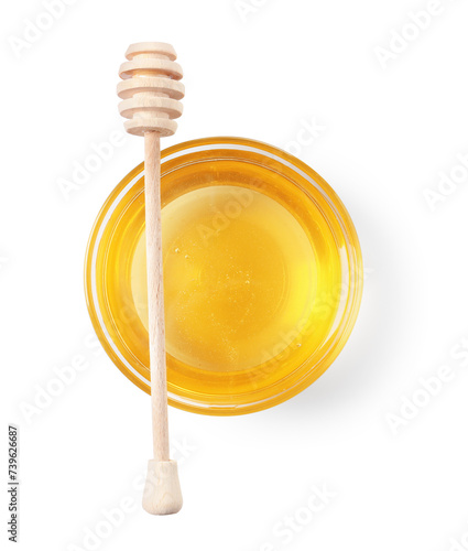 Tasty honey in bowl and dipper isolated on white, top view