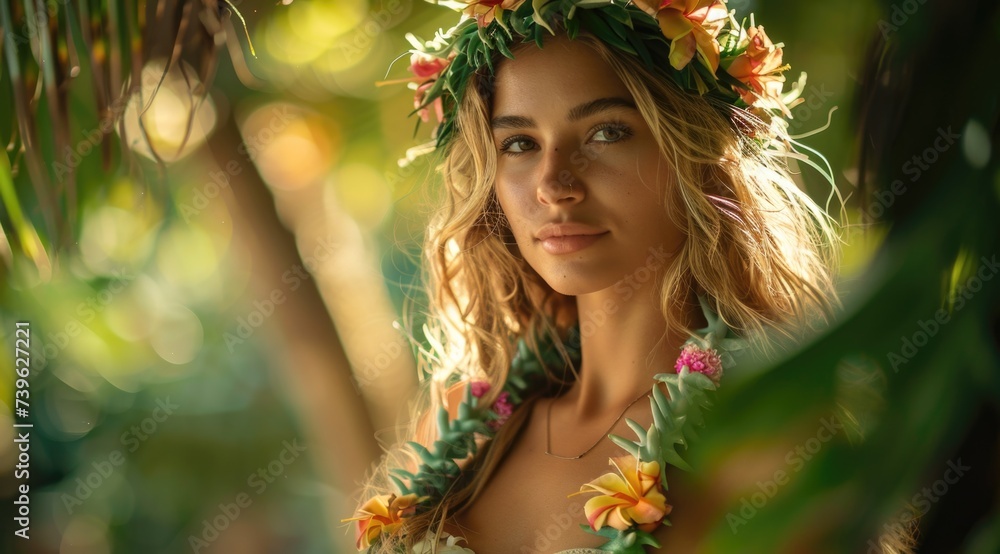 A beautiful tanned girl with natural make-up and wet hair stands in the jungle among exotic plants A beautiful tanned girl with natural make-up and wet hair stands in the jungle among exotic plants