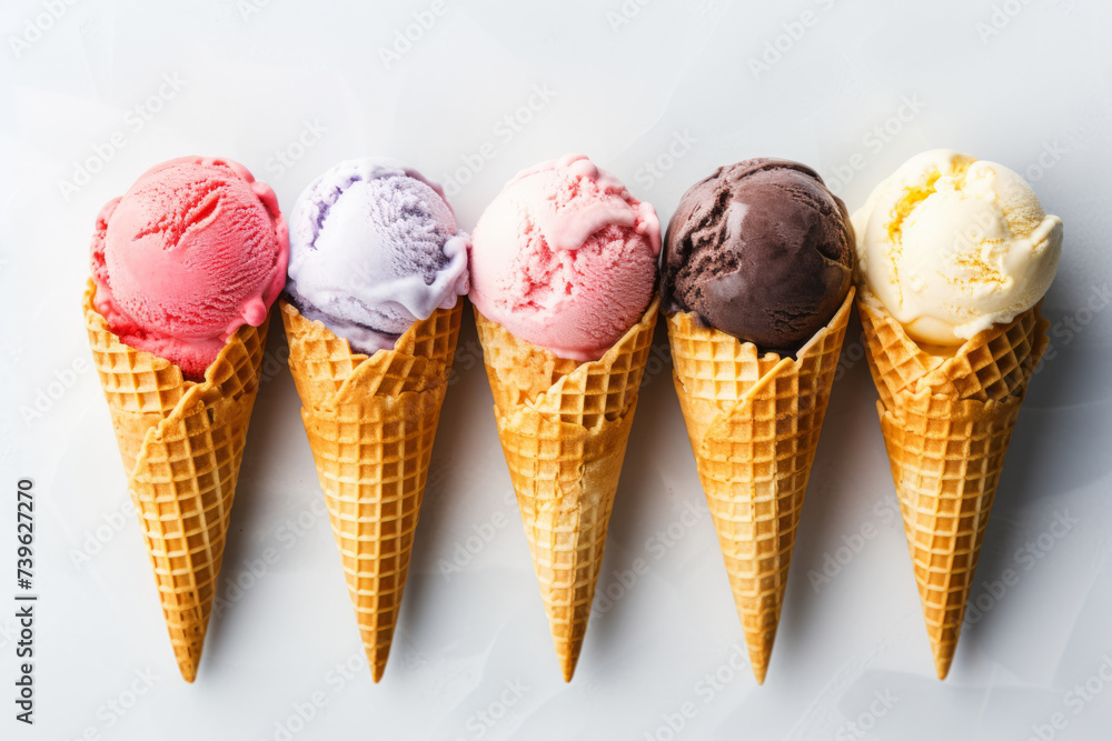 Variety of ice cream in waffle cones on white marble overhead shot Variety of ice cream in waffle cones on white marble overhead shot