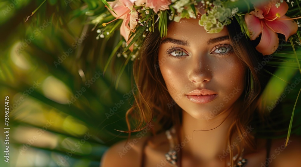 A beautiful tanned girl with natural make-up and wet hair stands in the jungle among exotic plants A beautiful tanned girl with natural make-up and wet hair stands in the jungle among exotic plants