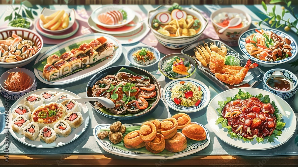 Various food dishes on table