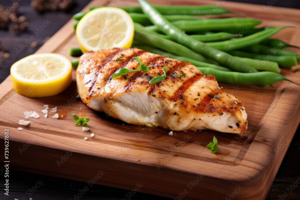 Grilled chicken on a cutting board with green beans and lemon Grilled chicken on a cutting board with green beans and lemon
