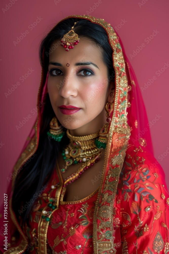 Hindu Woman in Red and Gold Outfit. Generative AI