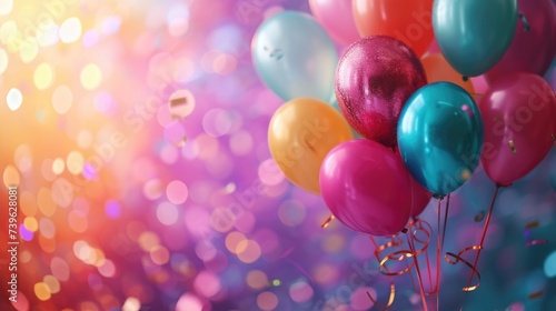 Bunch of bright balloons and space for text against color background photo