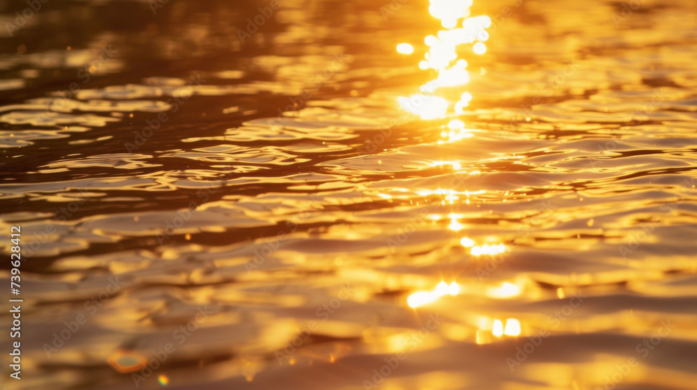 Obraz premium The tranquil lake is bathed in shades of gold and amber as the sun sets creating a sense of calm and serenity.