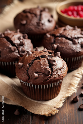 Double chocolate muffins with mini chocolate chips  high top bakery style muffins