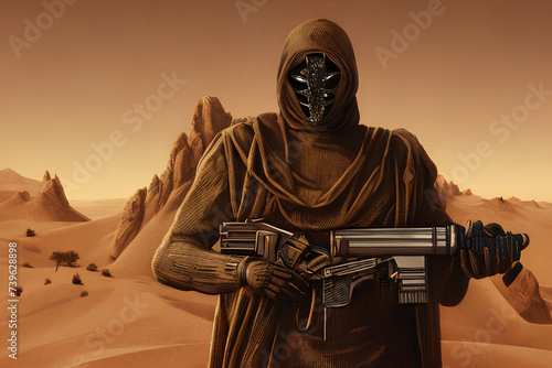 A masked man in a desert with gun.