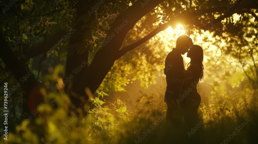 In a peaceful forest clearing two lovers share a quiet moment illuminated by the soft backlit rays of the setting sun.