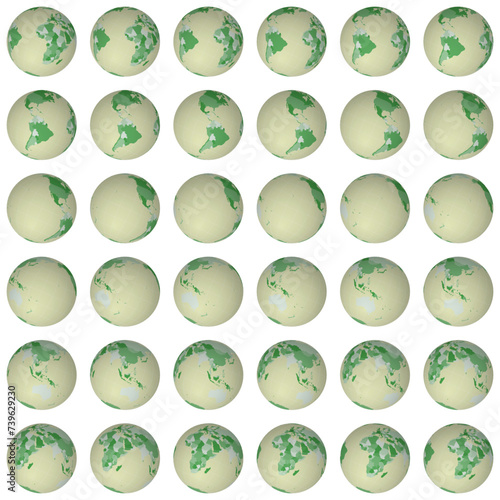 Collection of globes. Tilted sphere view. Rotation step 10 degrees. Colored countries style. World map with graticule lines on white background. Breathtaking vector illustration.