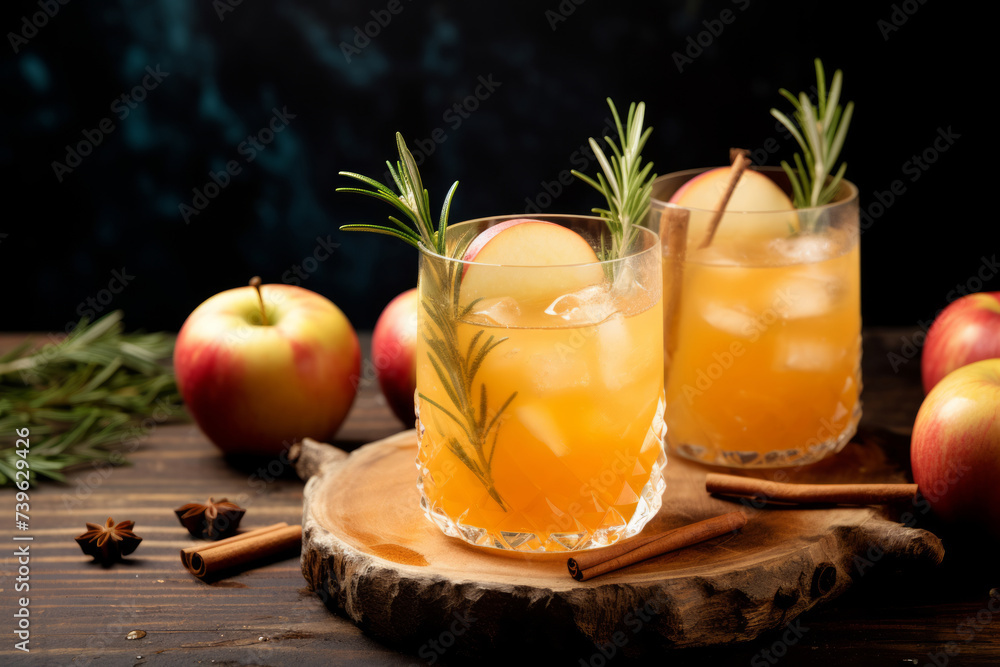 Hard apple cider cocktail with apple slices and rosemary sprigs Hard apple cider cocktail with apple slices and rosemary sprigs