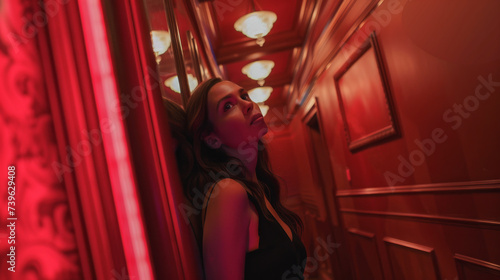 Dramatic image of a woman in a hallway awash in red light. She is attempting to hide from a potential assailant or an individual she is trying to avoid running into. Tension and suspense.