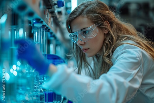 young woman  in laboratory, scientific equipment, technological environment, research.
