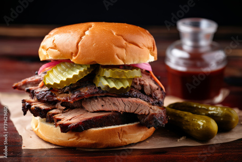 Smoked barbeque beef brisket sandwich with pickles and bbq sauce