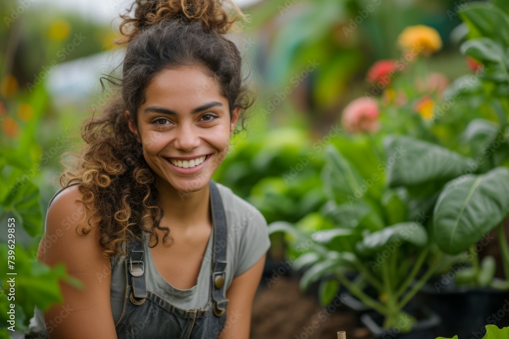 Woman farmer, female portrait. Background with selective focus and copy space Woman farmer, female portrait. Background with selective focus and copy space