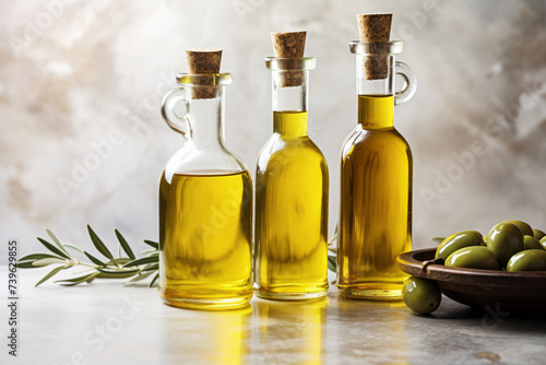 Olive oil in different vintage bottles on marble table