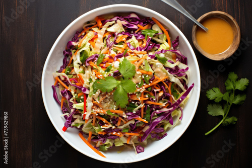 Asian cole slaw salad with peanut butter dressing overhead shot photo