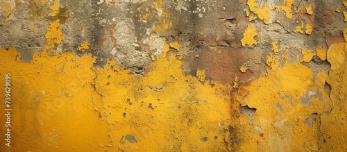 An artistic close up of a weathered yellow wall with peeling paint, depicting a beautiful natural landscape with lush grass and amber hues