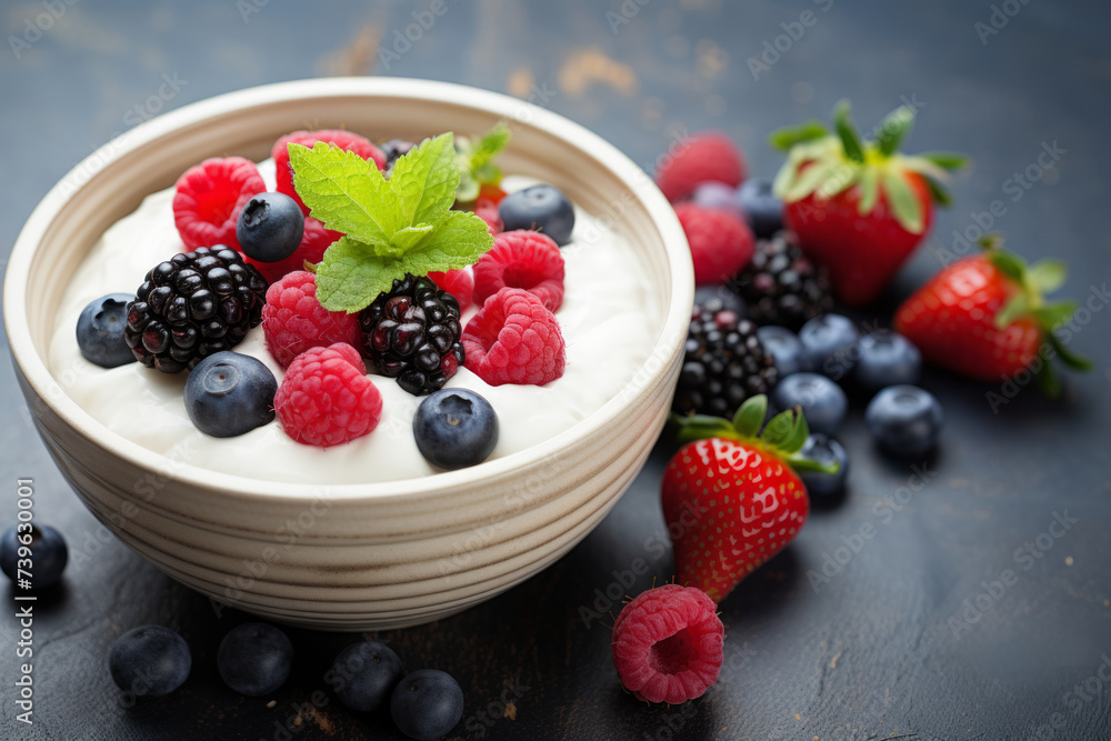 Greek yogurt bowl with berries, plain whole milk yogurt, healthy snack Greek yogurt bowl with berries, plain whole milk yogurt, healthy snack