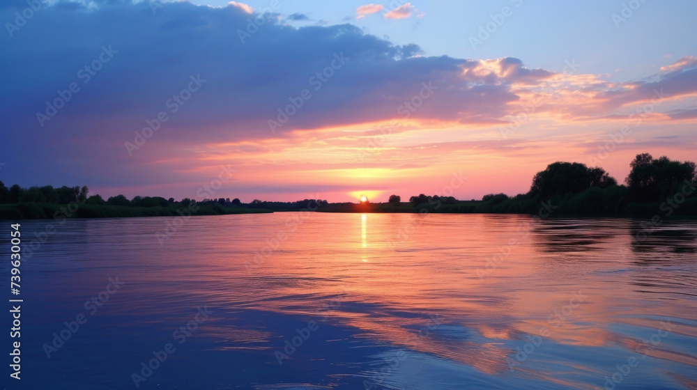 A shimmering river reflecting the vibrant pinks and blues of the sky as the sun sinks below the horizon.