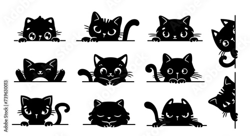 Vector Series of black cats peering out of windows. Cartoon style collection of amusing feline characters curiously looking outside isolated on white backdrop. Suitable for tattoos, creative projects