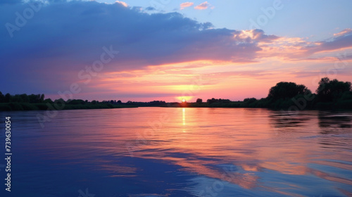 A shimmering river reflecting the vibrant pinks and blues of the sky as the sun sinks below the horizon.