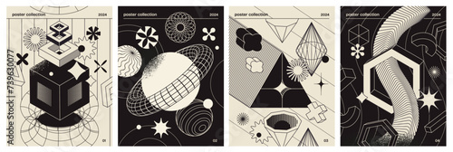 Futuristic retro posters with minimalist design, featuring geometric shapes disintegrating into particles and abstract wireframe figures. Modern and stylish graphics. Set of vector illustrations