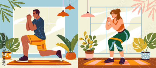 Home exercise. Young man and young woman doing squats at home. How to keep fit indoors. Fitness and morning workout in cozy interior. Healthy lifestyle and wellness concept. Flat vector illustration
