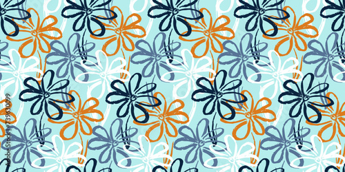 Light blue and orange seamless pattern with contrast hand drawn ink brush stroke chamomile flowers. Sketch expressive paintbrush flower print for textile, wrapping paper, cover