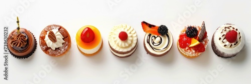 A row of different types of desserts on a white surface. Generative AI. photo