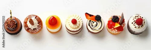Obraz  z motywem A row of different types of desserts on a white surface. Generative AI.