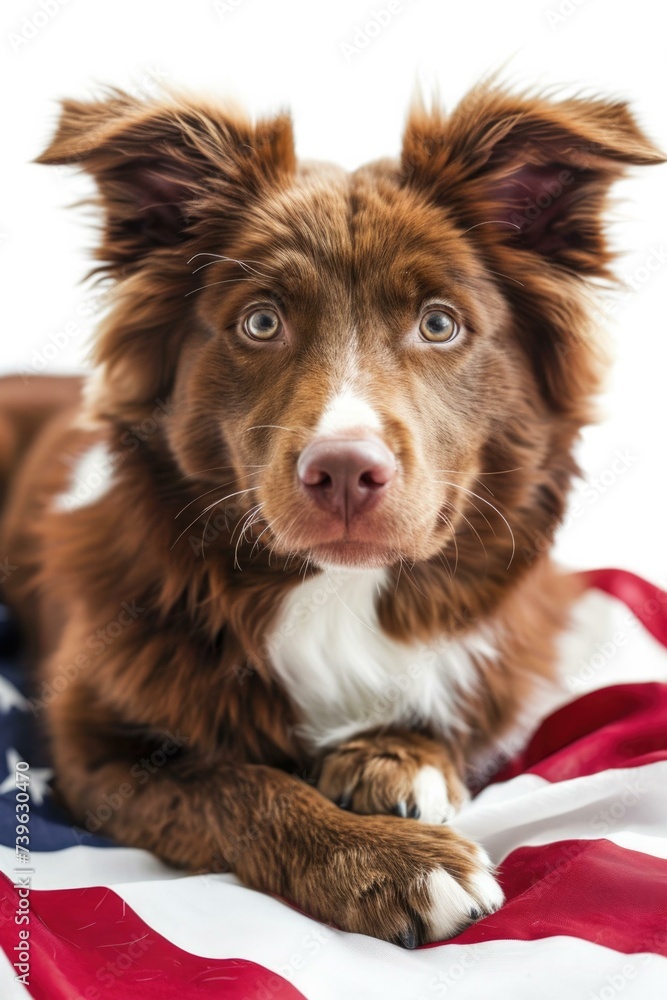 A brown and white dog sitting on an american flag. Generative AI. A brown and white dog sitting on an american flag. Generative AI.
