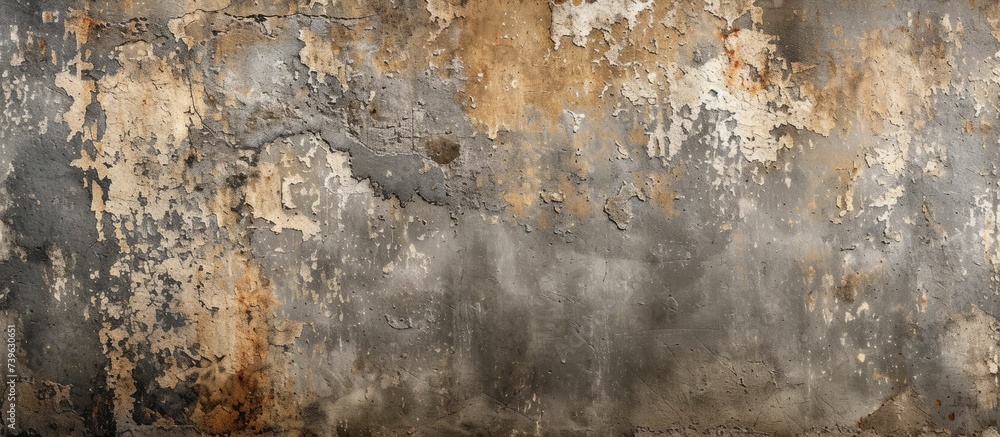 Obraz premium A close up of a brown concrete wall with peeling paint resembling a wooden art pattern. Grass and soil in the natural landscape freeze in the freezing temperatures