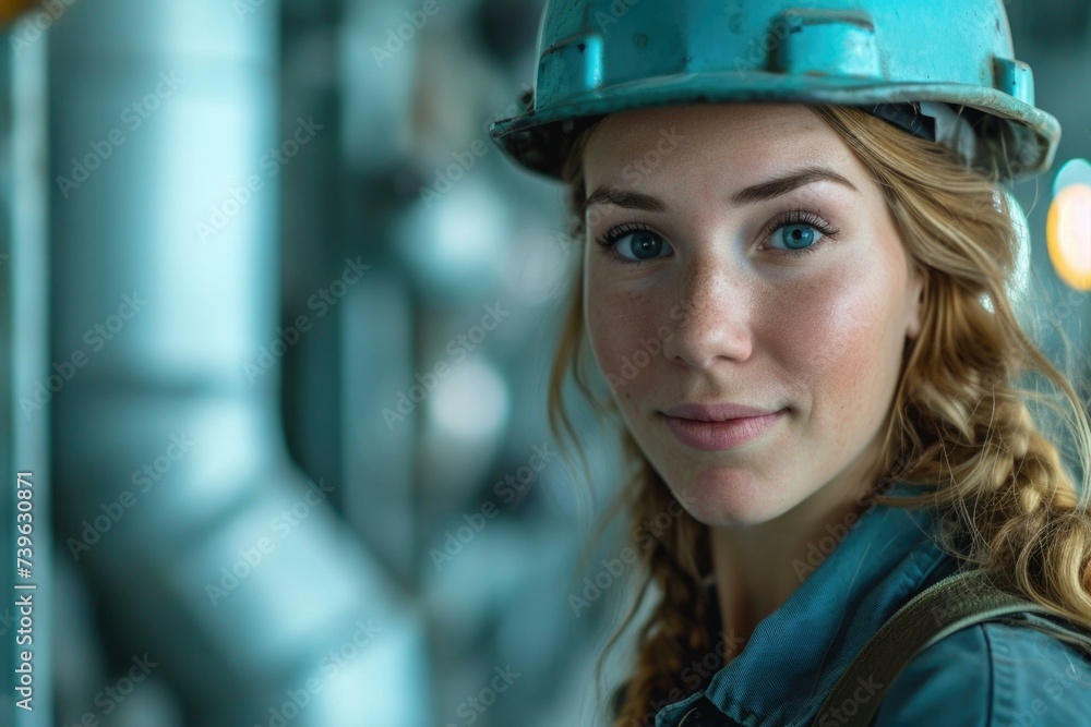 A woman in a hard hat and blue shirt. Generative AI. A woman in a hard hat and blue shirt. Generative AI.