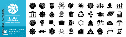 Collection of various environmental, social, governance, ESG icons, leaves, solar panels, recycling, vector template editable and resizable EPS 10.