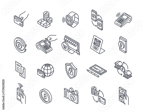 Collection of linear 3d icons depicting various payment methods. Set includes outline illustrations with editable strokes. Vector artwork for versatile use.