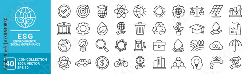 Collection of various environmental, social, governance, ESG icons, leaves, solar panels, recycling, vector template editable and resizable EPS 10.