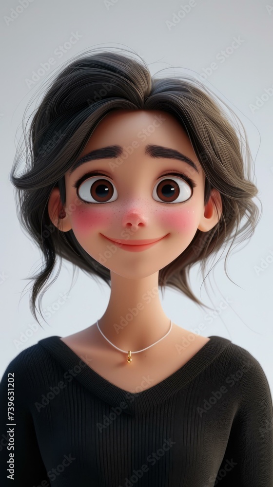 A cartoon girl with dark hair and a smile. Generative AI. A cartoon girl with dark hair and a smile. Generative AI.