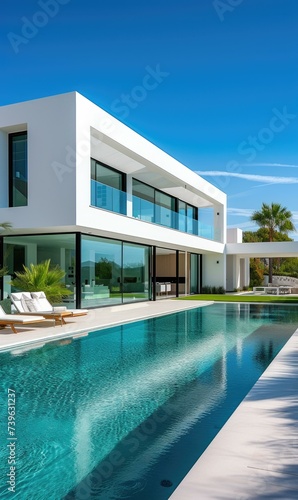 Modern villa with pool and patio area. Generative AI. © Natalia