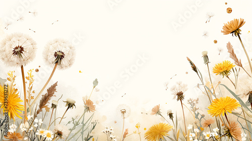 タンポポの花と綿毛の水彩イラスト背景 photo