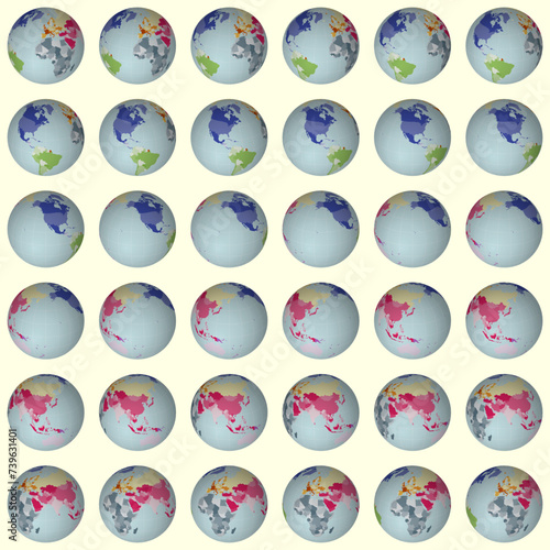 Collection of planet globes. Slanted sphere view. Rotation step 10 degrees. Colored countries style. World map with graticule lines on luminous background. Attractive vector illustration.