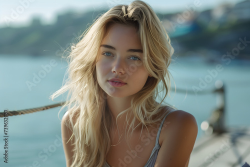 Blonde Girl looking at the landscape on the pier © xavmir2020