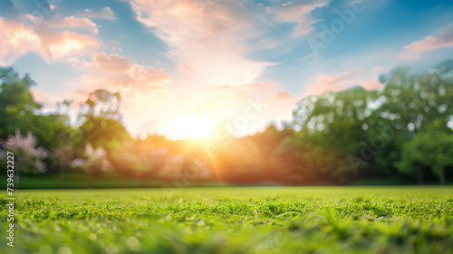 A serene park scene focusing on vibrant green grass under a sunny blue sky with fluffy clouds. 