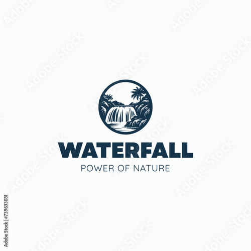 waterfall under the mountain logo icon design silhouette vector illustration