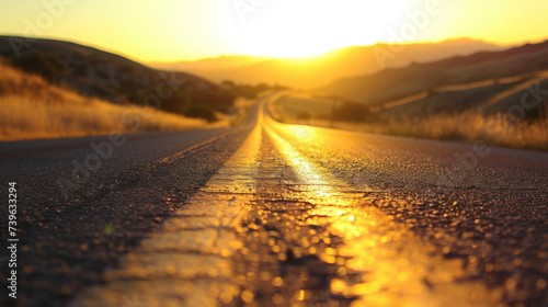 The peacefulness of the open road is amplified by the warm hues of the setting sun.