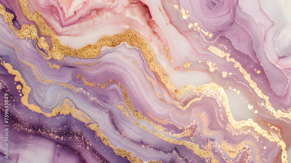 Obraz premium 薄いピンクやブルー紫、金色のパステルカラーの大理石や、アメジストのマーブルジオードフレーム