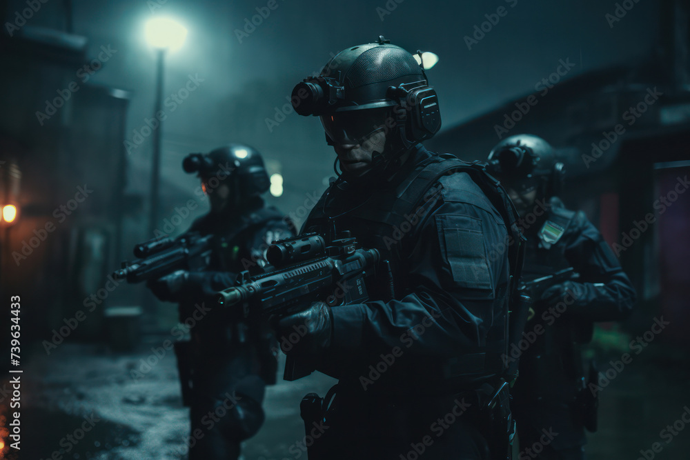 Armed Force in Action: Shadowed Soldier Merging into Darkness with Camouflage Equipment on an Indoor Anti-Terrorism Operation Armed Force in Action: Shadowed Soldier Merging into Darkness with Camouflage Equipment on an Indoor Anti-Terrorism Operation